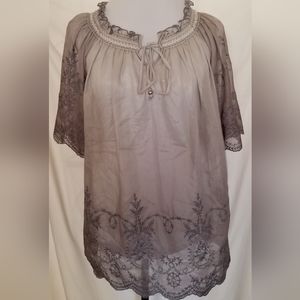 Jennie & Marlis Gray Embroidered Women's Sheer Short Sleeve Top Large